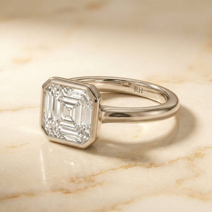 The Agnes Select bezel solitaire square emerald engagement ring in 18k white gold — side profile — RockHer