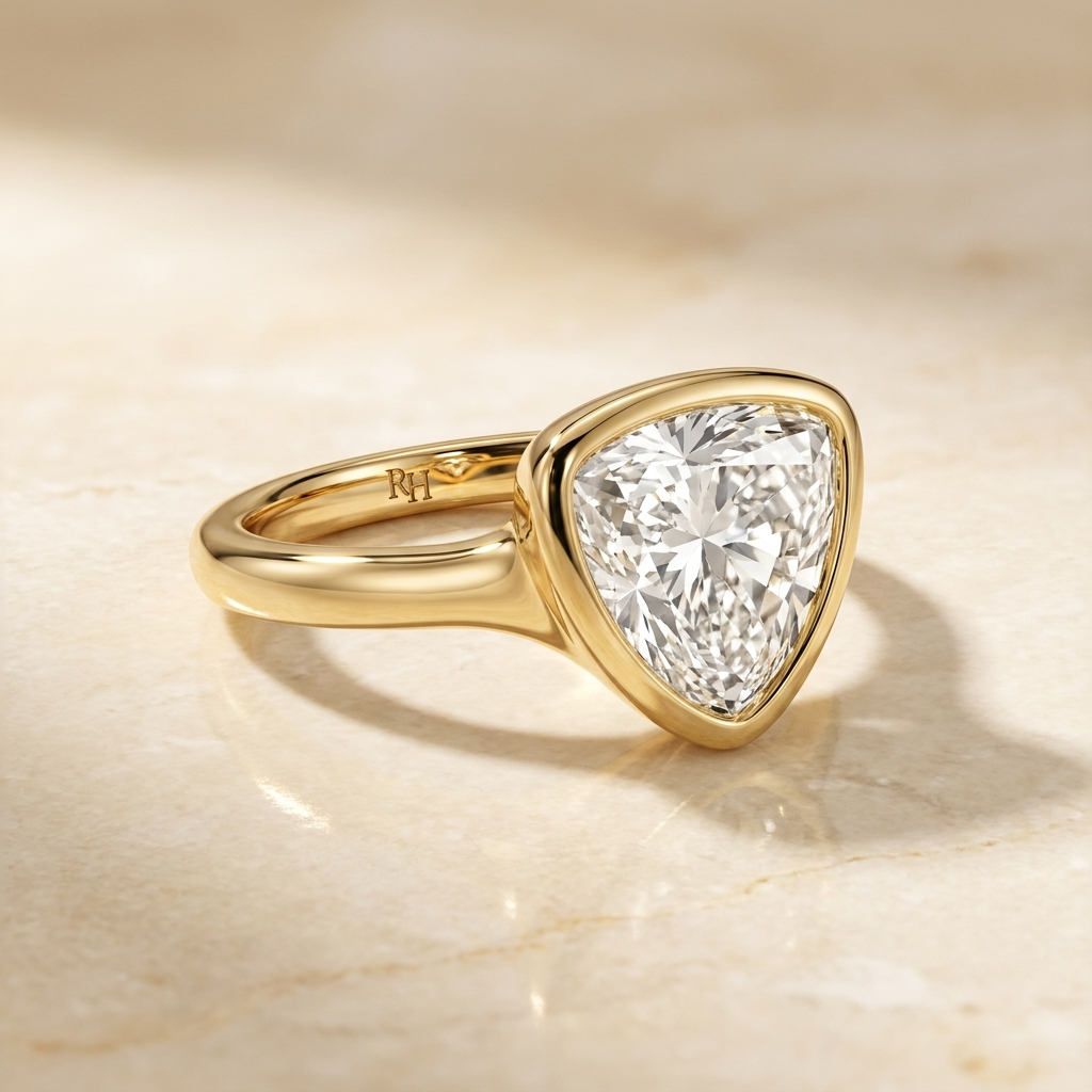 The Agnes Select bezel solitaire shield engagement ring in 18k yellow gold — alt-angle hero — RockHer
