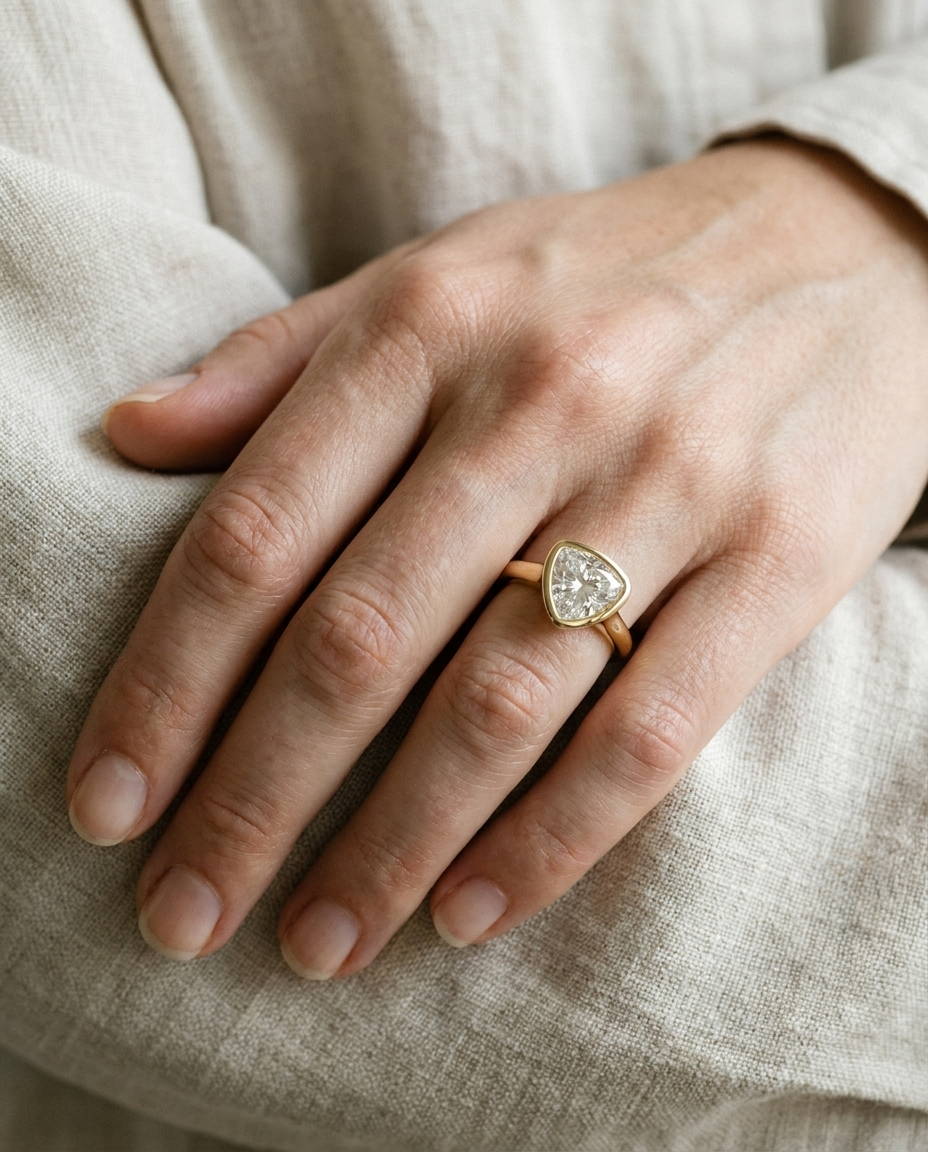 The Agnes Select bezel solitaire shield engagement ring in 18k yellow gold — on hand — RockHer