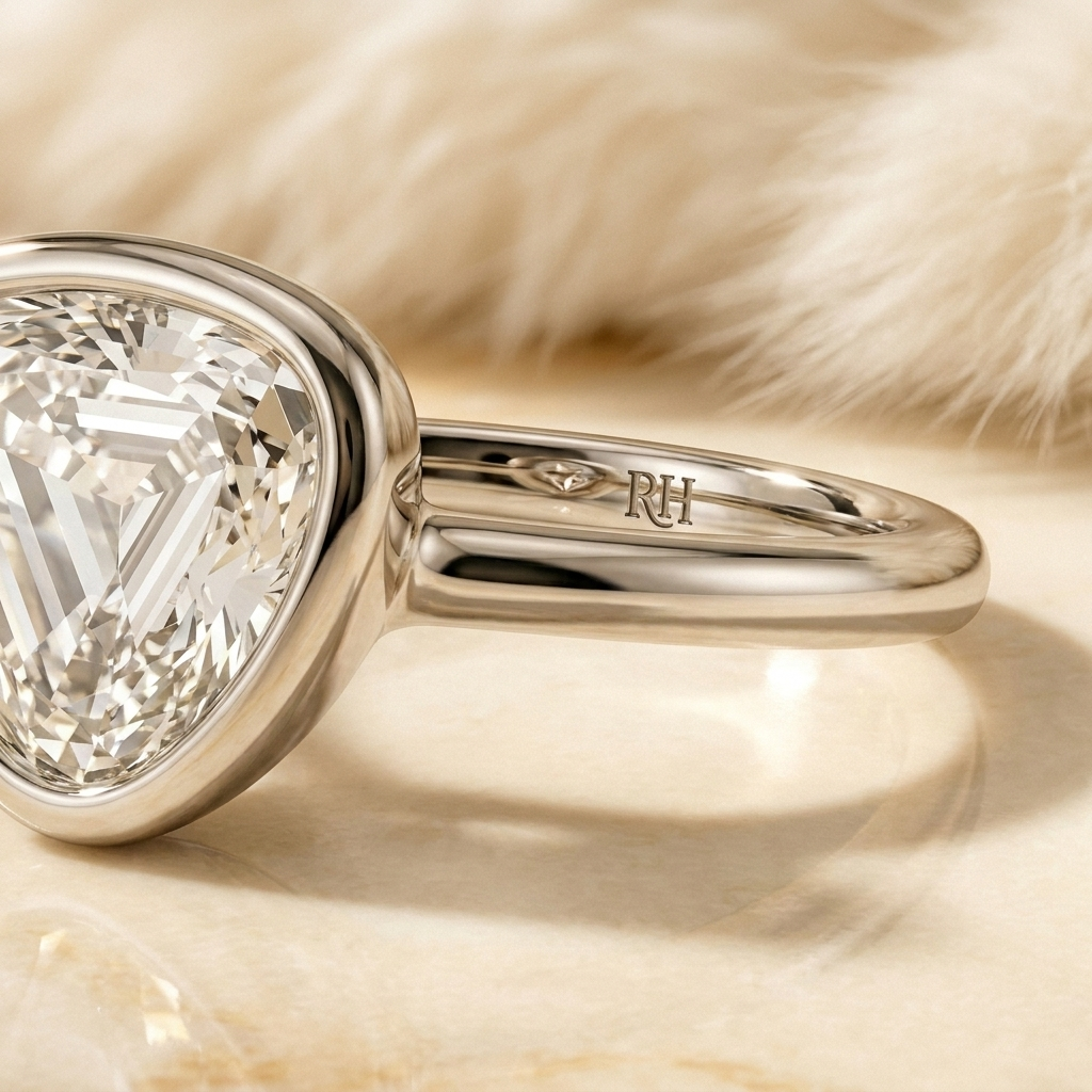 The Agnes Select bezel solitaire shield engagement ring in 18k white gold — construction detail — RockHer