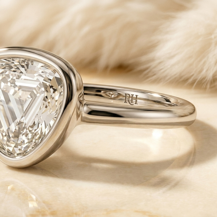 The Agnes Select bezel solitaire shield engagement ring in 18k white gold — construction detail — RockHer