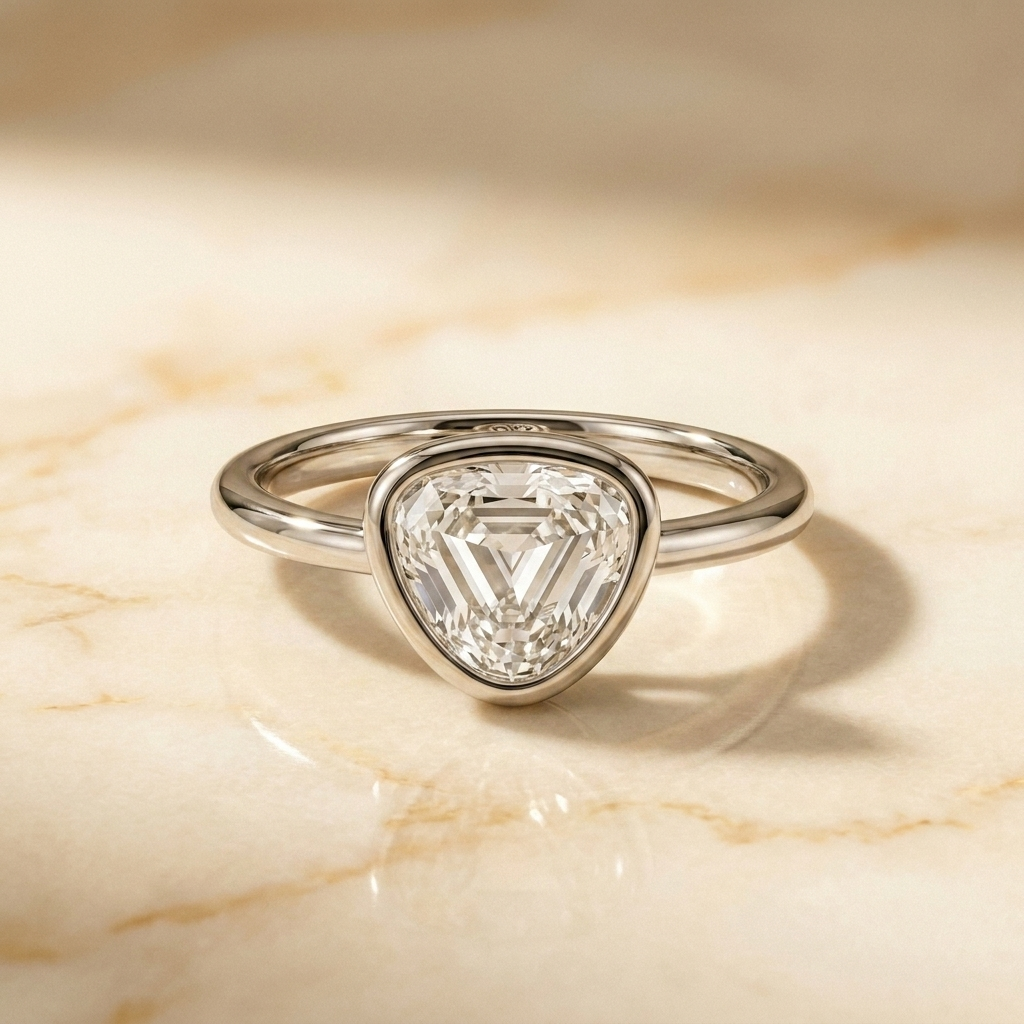 The Agnes Select bezel solitaire shield engagement ring in 18k white gold — front view — RockHer