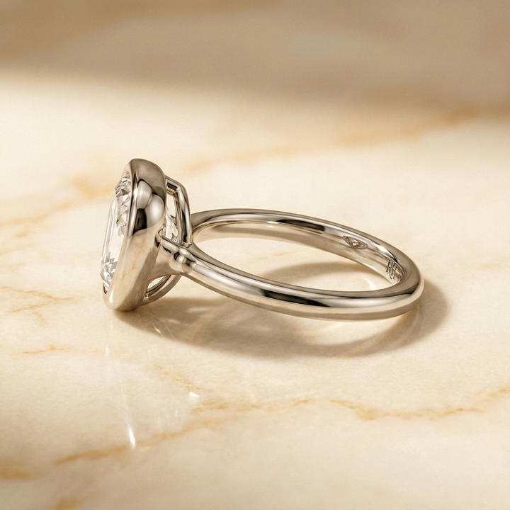 The Agnes Select bezel solitaire shield engagement ring in 18k white gold — side profile — RockHer