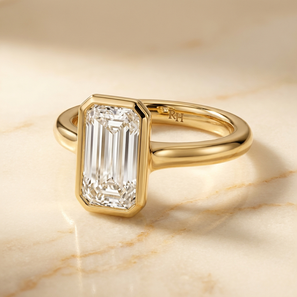 The Agnes Select bezel solitaire tapered baguette engagement ring in 18k yellow gold — alt-angle hero — RockHer