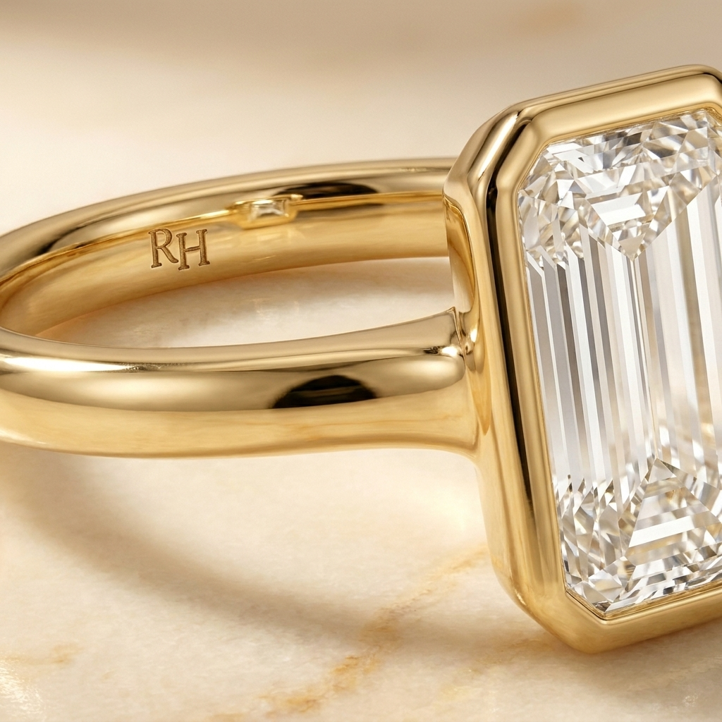 The Agnes Select bezel solitaire tapered baguette engagement ring in 18k yellow gold — construction detail — RockHer