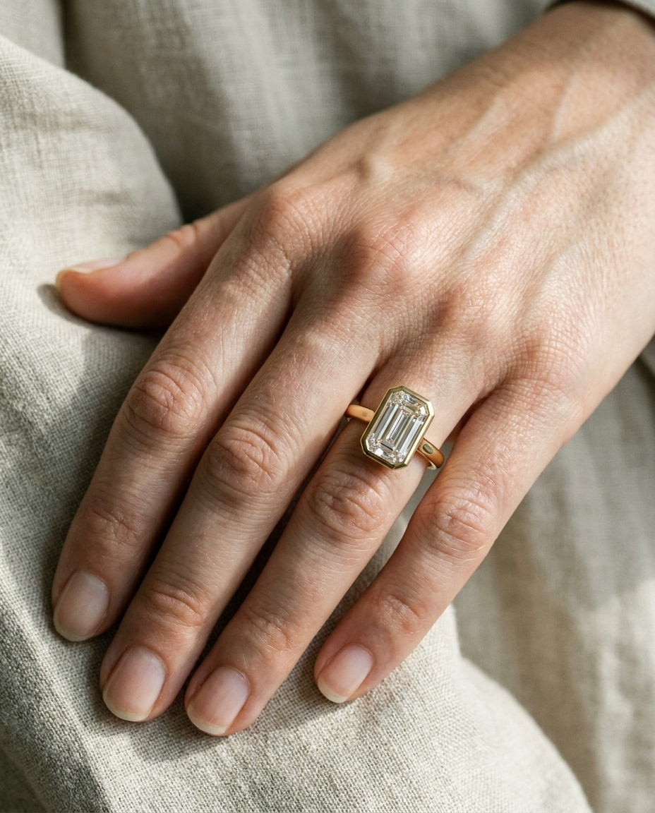 The Agnes Select bezel solitaire tapered baguette engagement ring in 18k yellow gold — on hand — RockHer