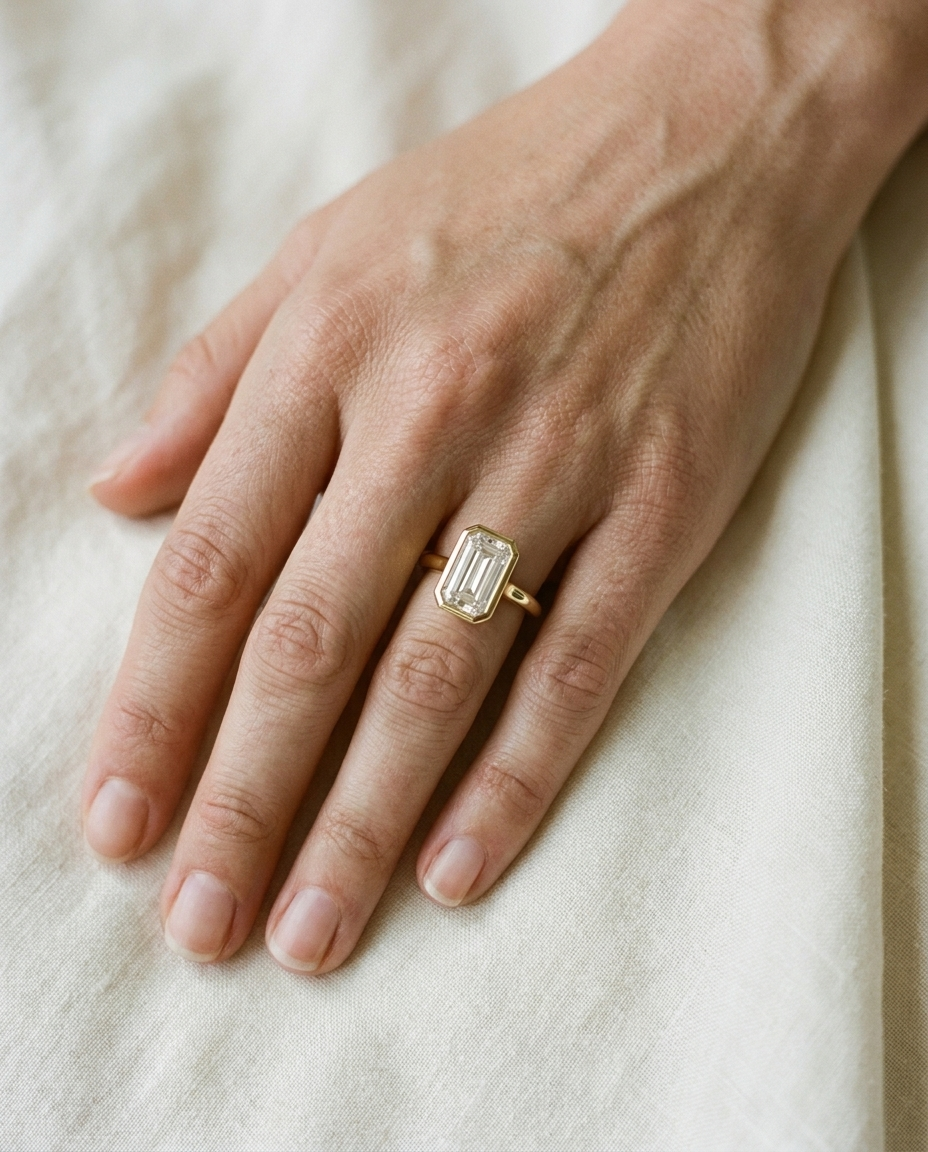 The Agnes Select bezel solitaire tapered baguette engagement ring in 18k yellow gold — top down hand — RockHer