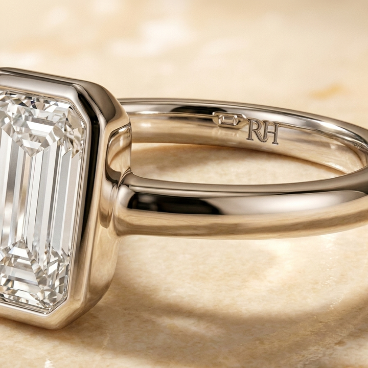 The Agnes Select bezel solitaire tapered baguette engagement ring in platinum — construction detail — RockHer