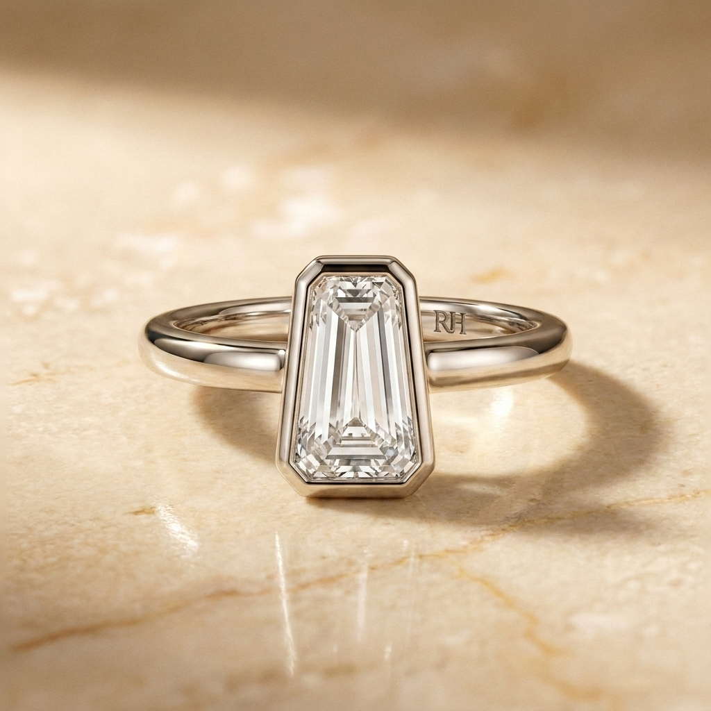 The Agnes Select bezel solitaire tapered baguette engagement ring in platinum — front view — RockHer