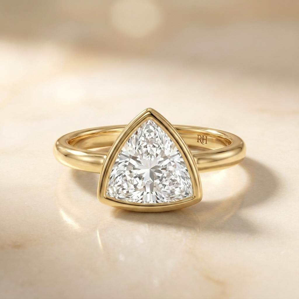 The Agnes Select bezel solitaire trillion engagement ring in 18k yellow gold — front view — RockHer