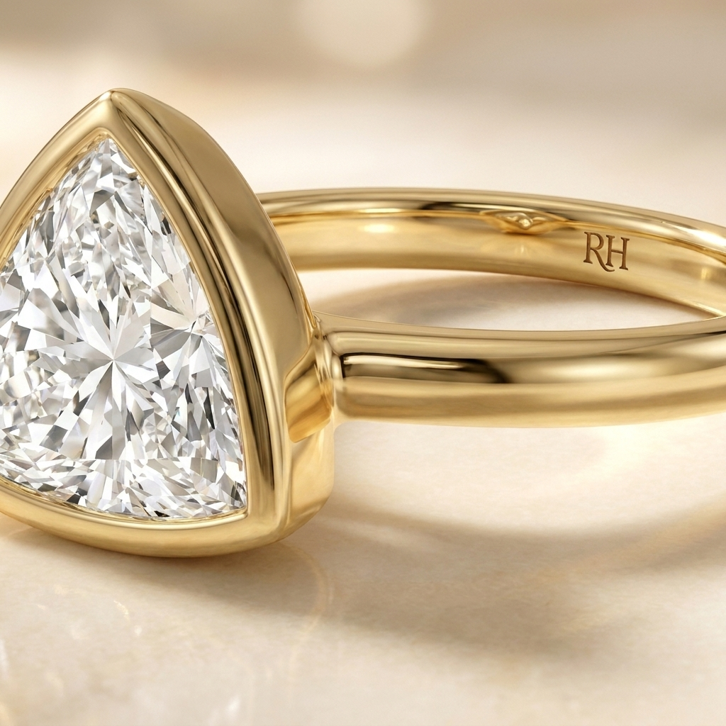 The Agnes Select bezel solitaire trillion engagement ring in 18k yellow gold — construction detail — RockHer