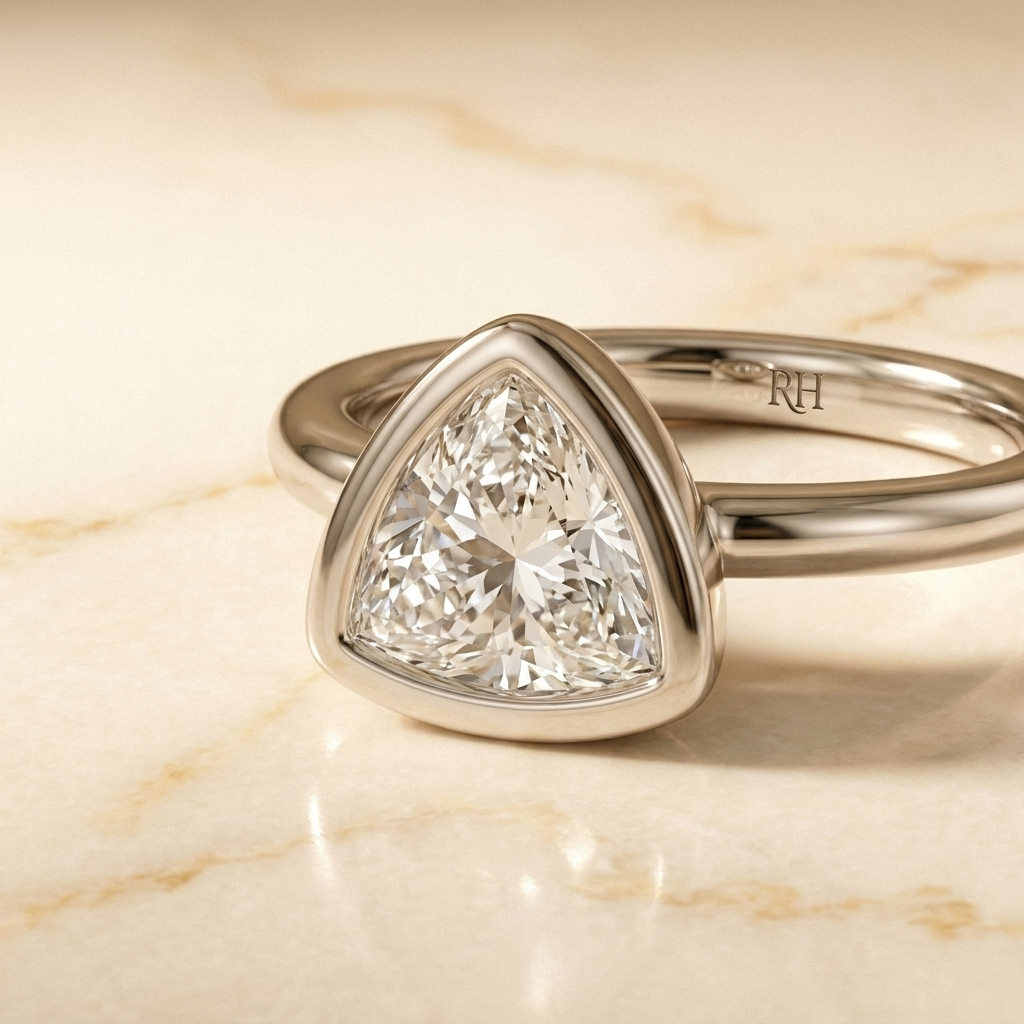 The Agnes Select bezel solitaire trillion engagement ring in 18k white gold — construction detail — RockHer