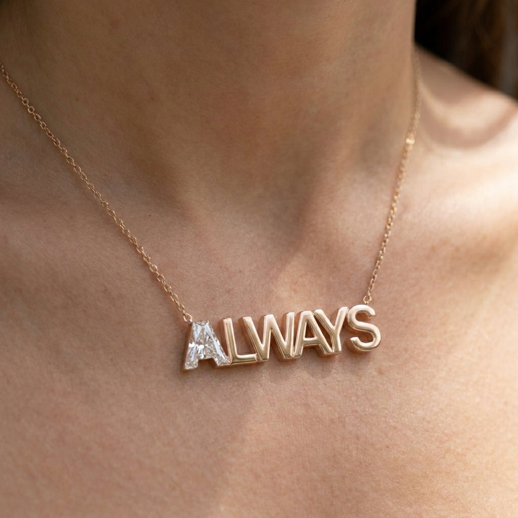 ALWAYS lab-grown diamond necklace in 14K Rose Gold, worn on neck