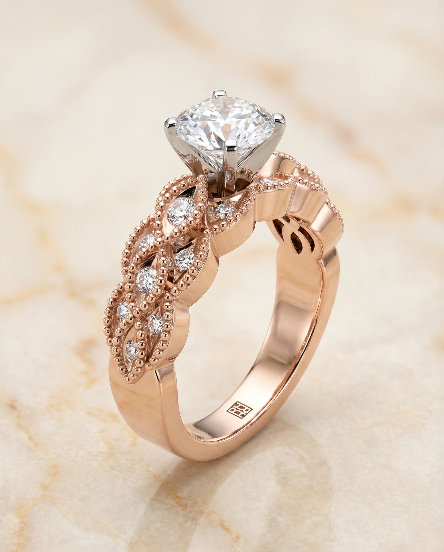 Round Brilliant, Antique Beaded Scalloped Twist Solitaire, in 14K Rose Gold, pave setting – angled view | RockHer