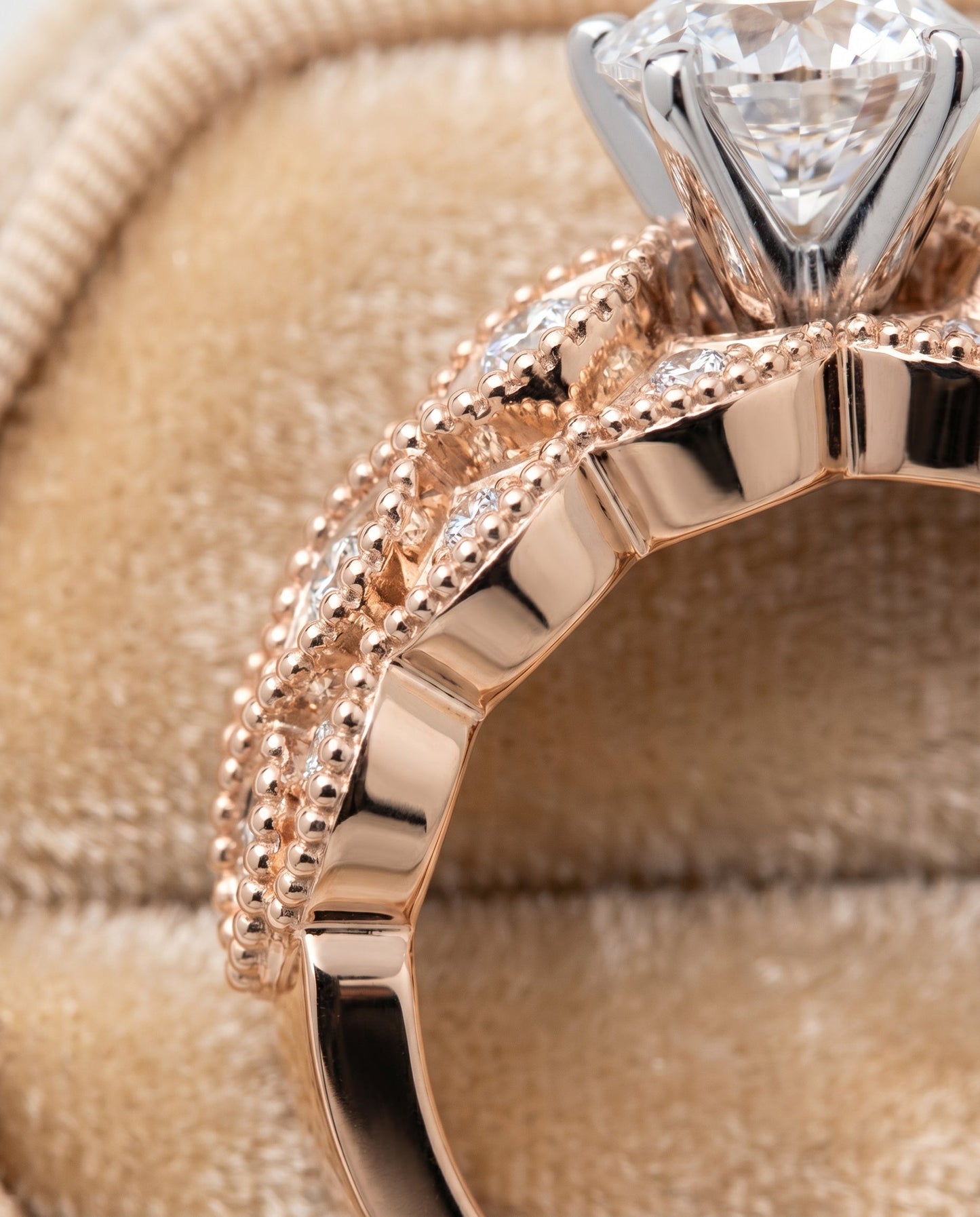 Round Brilliant, Antique Beaded Scalloped Twist Solitaire, in 14K Rose Gold, pave setting – detail view | RockHer