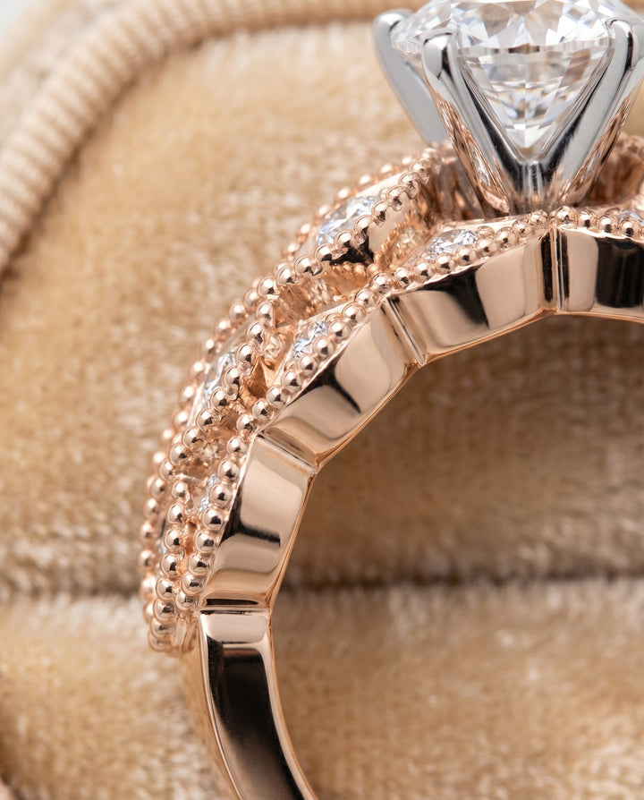 Round Brilliant, Antique Beaded Scalloped Twist Solitaire, in 14K Rose Gold, pave setting – detail view | RockHer