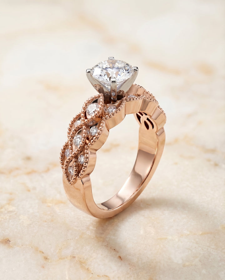Round Brilliant, Antique Beaded Scalloped Twist Solitaire, in 14K Rose Gold, pave setting – front view | RockHer