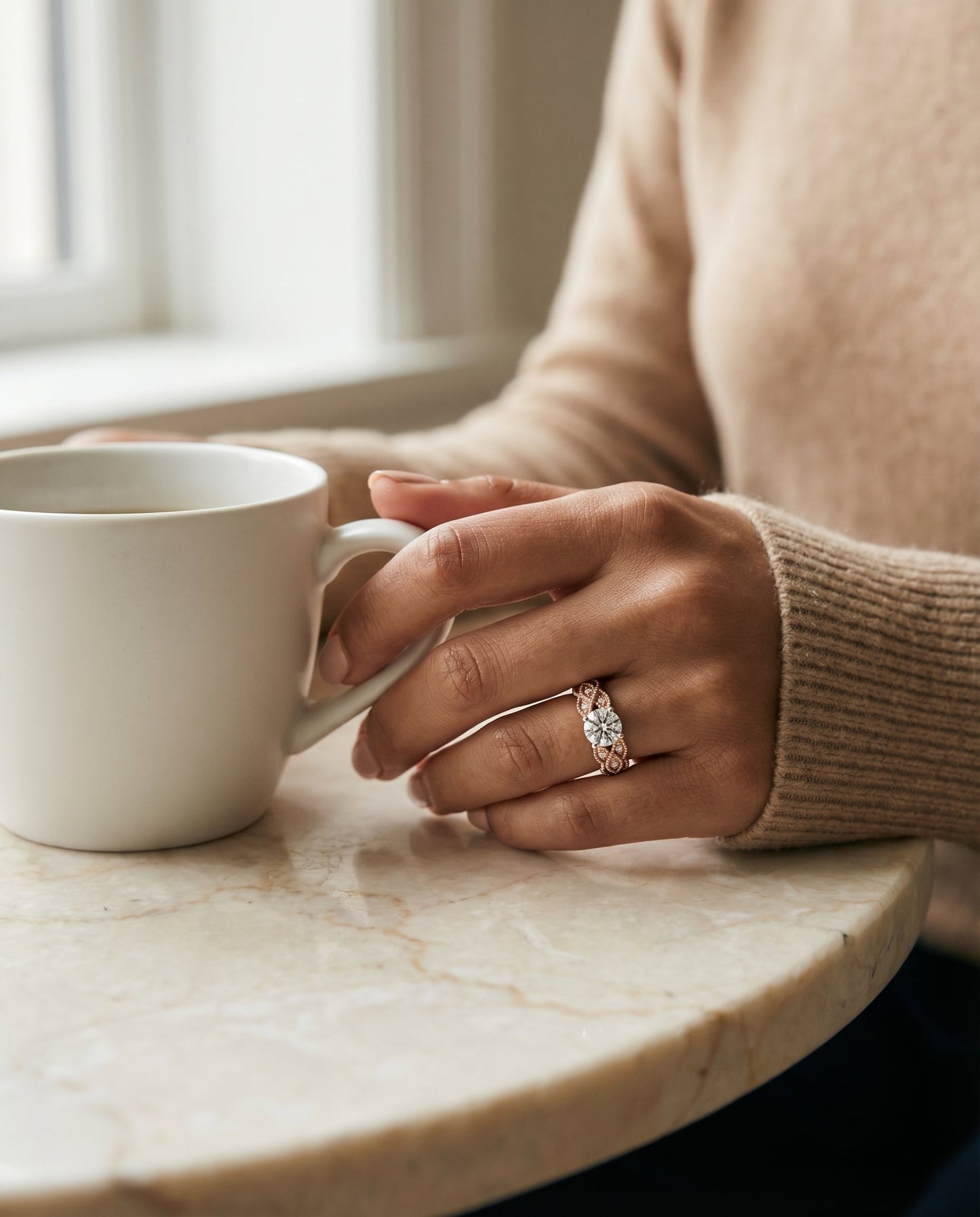 Round Brilliant, Antique Beaded Scalloped Twist Solitaire, in 14K Rose Gold, pave setting – lifestyle shot | RockHer