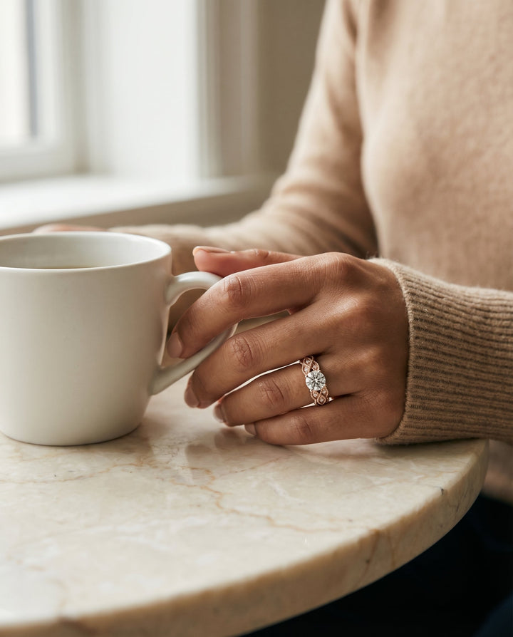 Round Brilliant, Antique Beaded Scalloped Twist Solitaire, in 14K Rose Gold, pave setting – lifestyle shot | RockHer