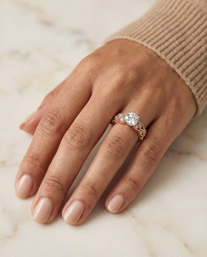 Round Brilliant, Antique Beaded Scalloped Twist Solitaire, in 14K Rose Gold, pave setting – lifestyle shot | RockHer