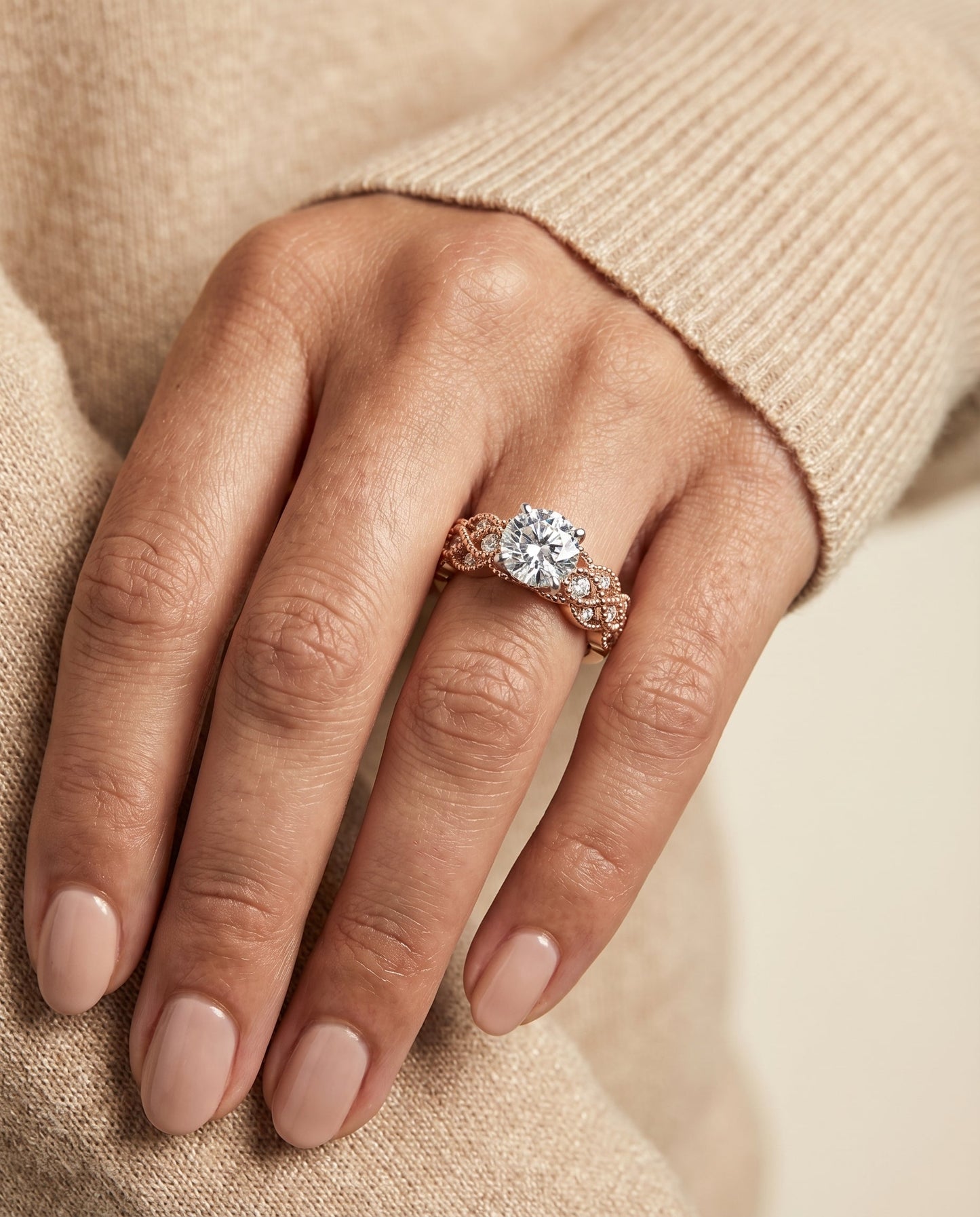 Round Brilliant, Antique Beaded Scalloped Twist Solitaire, in 14K Rose Gold, pave setting – lifestyle shot | RockHer