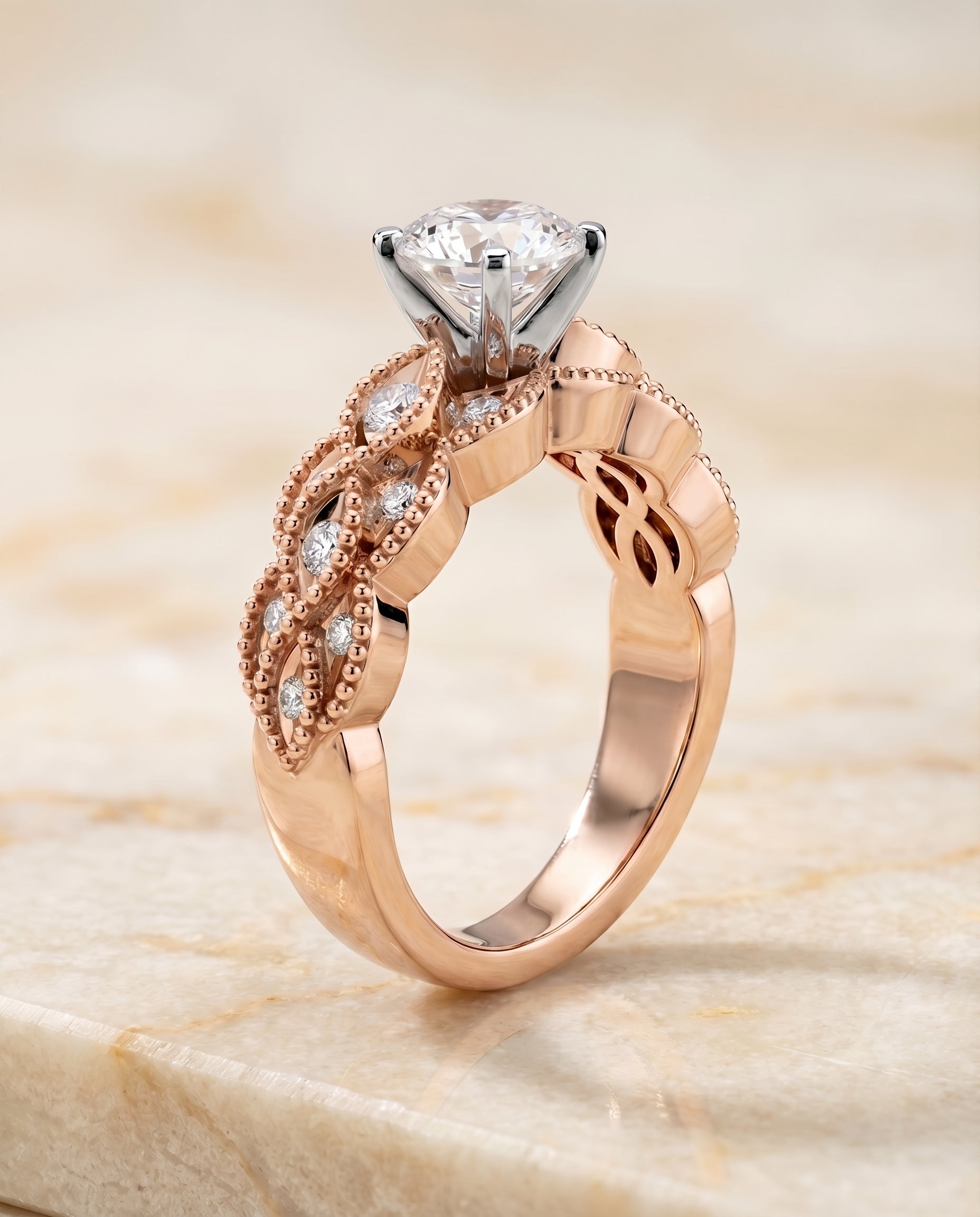 Round Brilliant, Antique Beaded Scalloped Twist Solitaire, in 14K Rose Gold, pave setting – side profile | RockHer