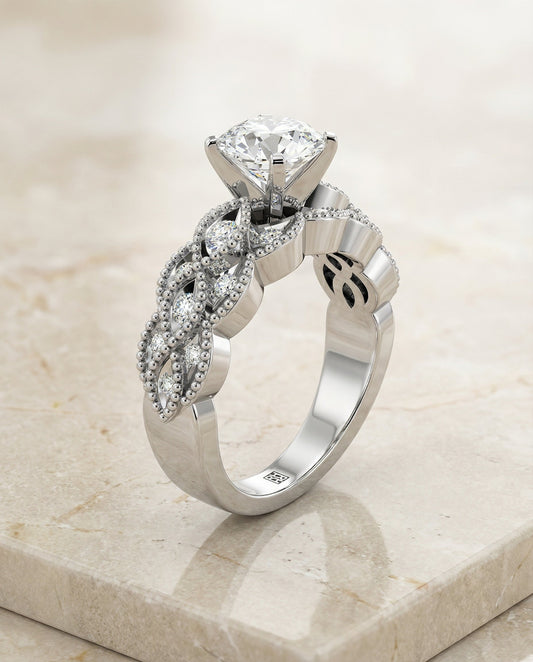 Antique Beaded Scalloped Twist Solitaire Engagement Ring Setting in 14K White Gold
