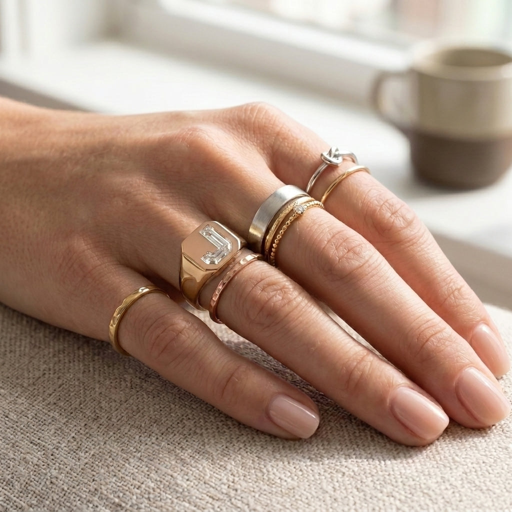Women's Art Deco lab-grown diamond letter signet ring in 14K Rose Gold, letter J, worn on hand