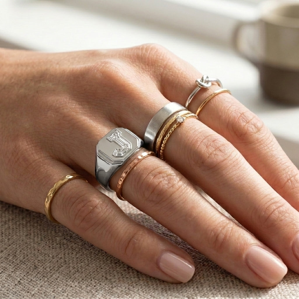 Women's Art Deco lab-grown diamond letter signet ring in 14K White Gold, letter J, worn on hand