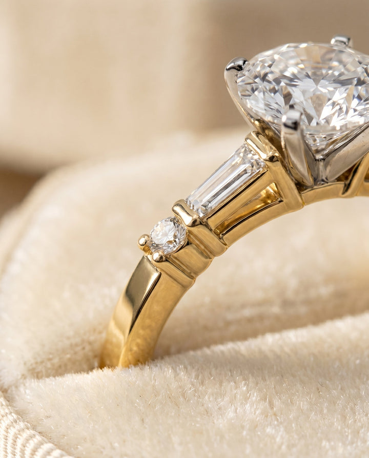 Round Brilliant, Baguette and Round Side Stone, in 18K Yellow Gold – detail view | RockHer