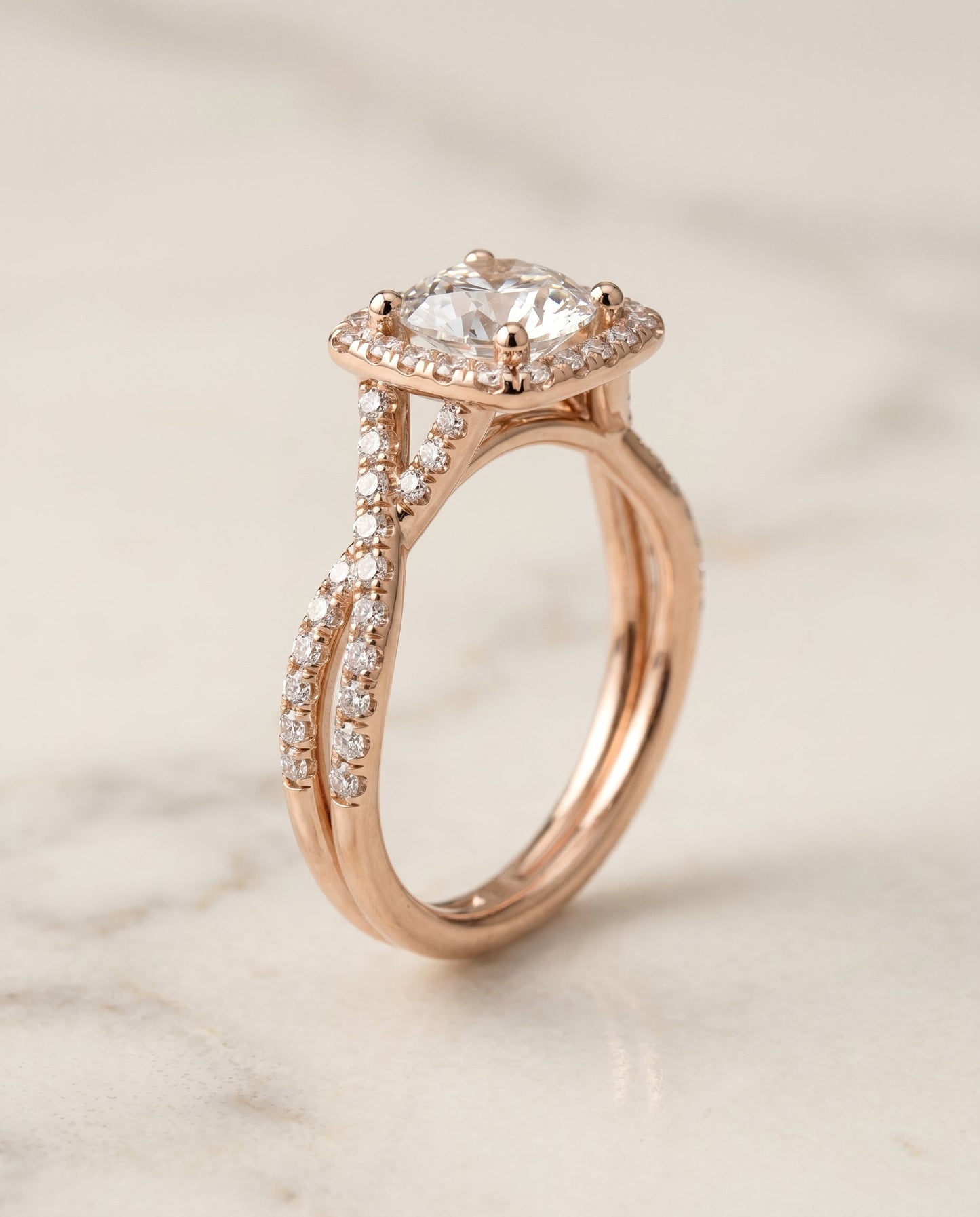 Shania Select Beaded Floral Halo Leaf Shoulders in 14K Rose Gold – view 2