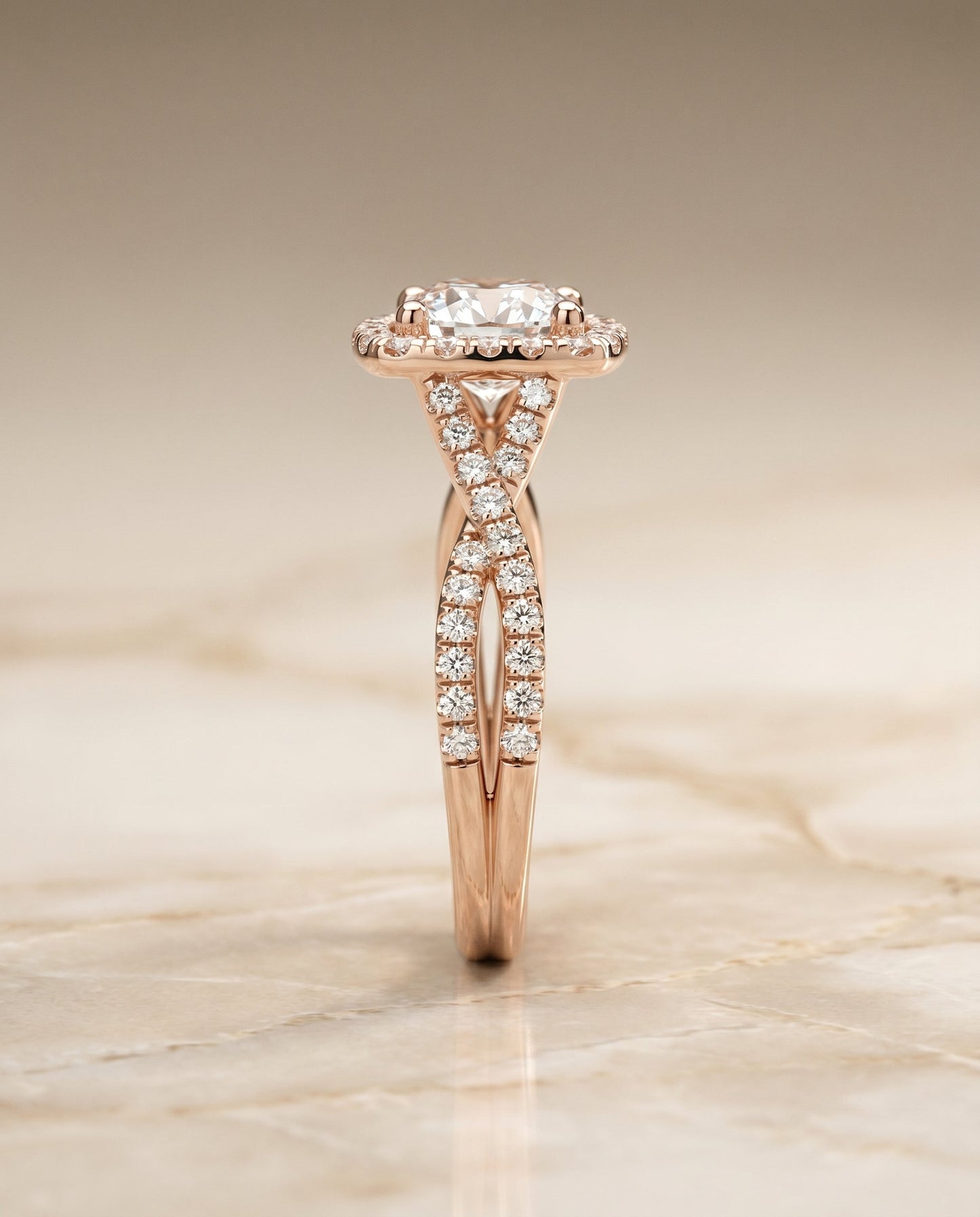 Shania Select Beaded Floral Halo Leaf Shoulders in 14K Rose Gold – view 6