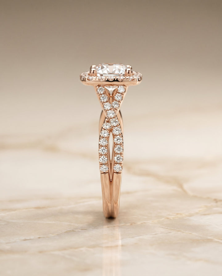 Shania Select Beaded Floral Halo Leaf Shoulders in 14K Rose Gold – view 6