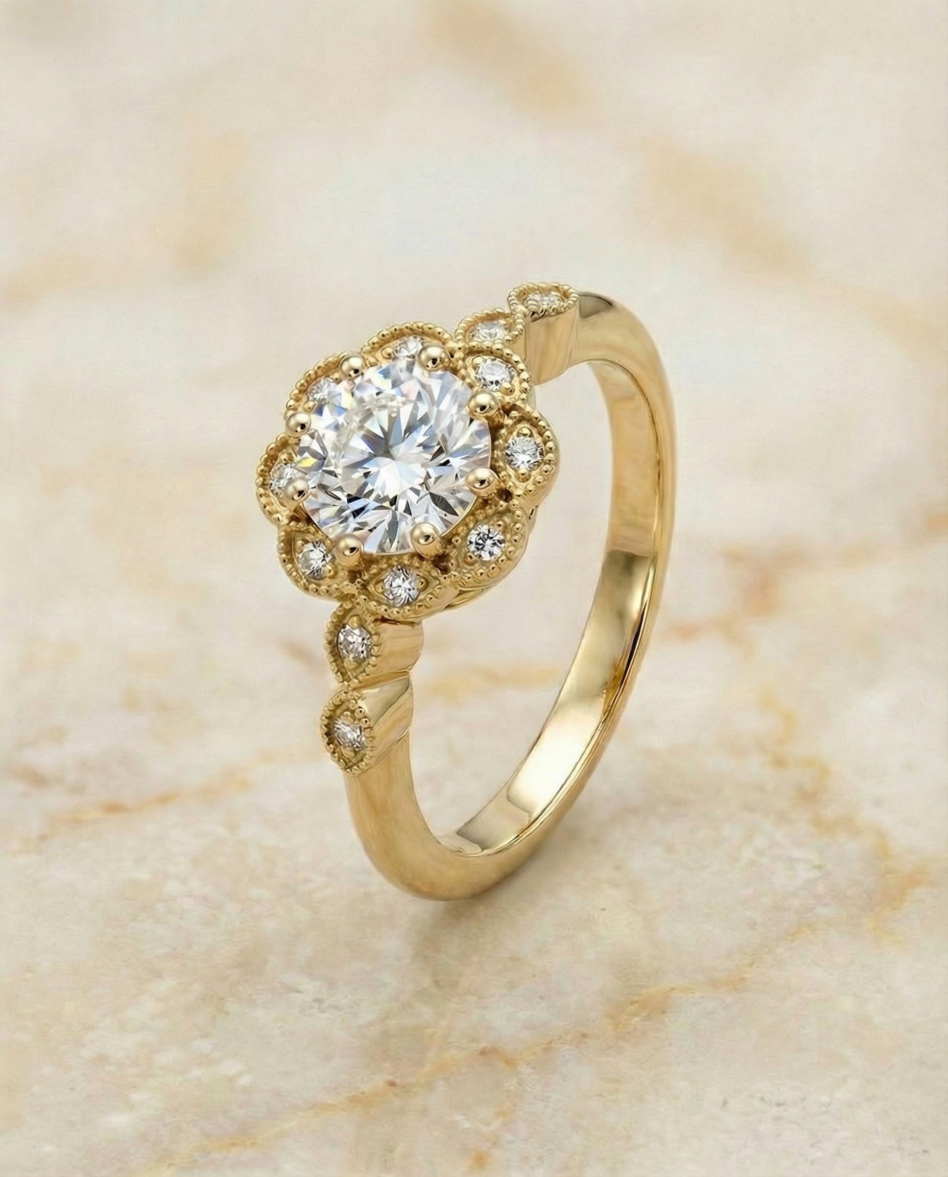 Round Brilliant, Beaded Floral Halo Leaf Shoulders, in 18K Yellow Gold, pave setting – angled view | RockHer