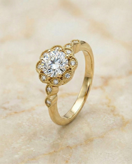 Round Brilliant, Beaded Floral Halo Leaf Shoulders, in 18K Yellow Gold, pave setting – angled view | RockHer