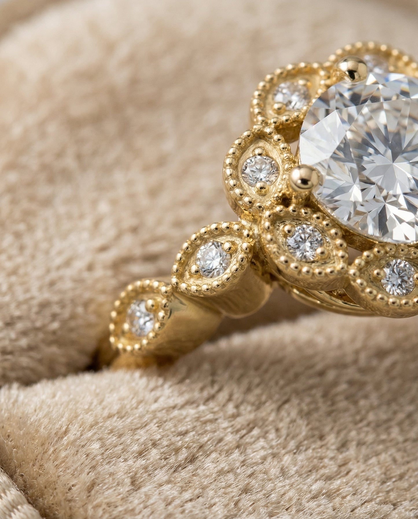Round Brilliant, Beaded Floral Halo Leaf Shoulders, in 18K Yellow Gold, pave setting – detail view | RockHer