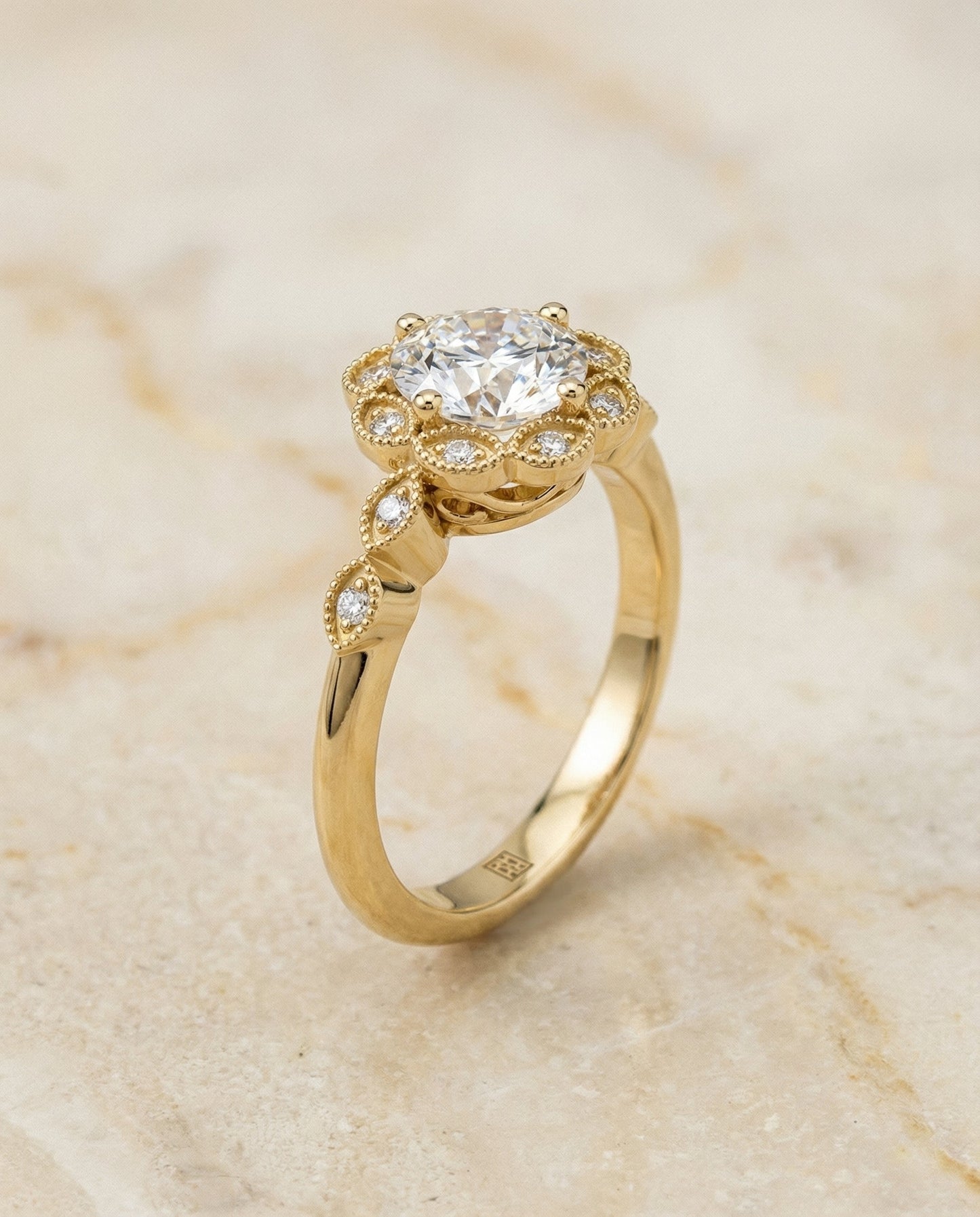 Round Brilliant, Beaded Floral Halo Leaf Shoulders, in 18K Yellow Gold, pave setting – front view | RockHer