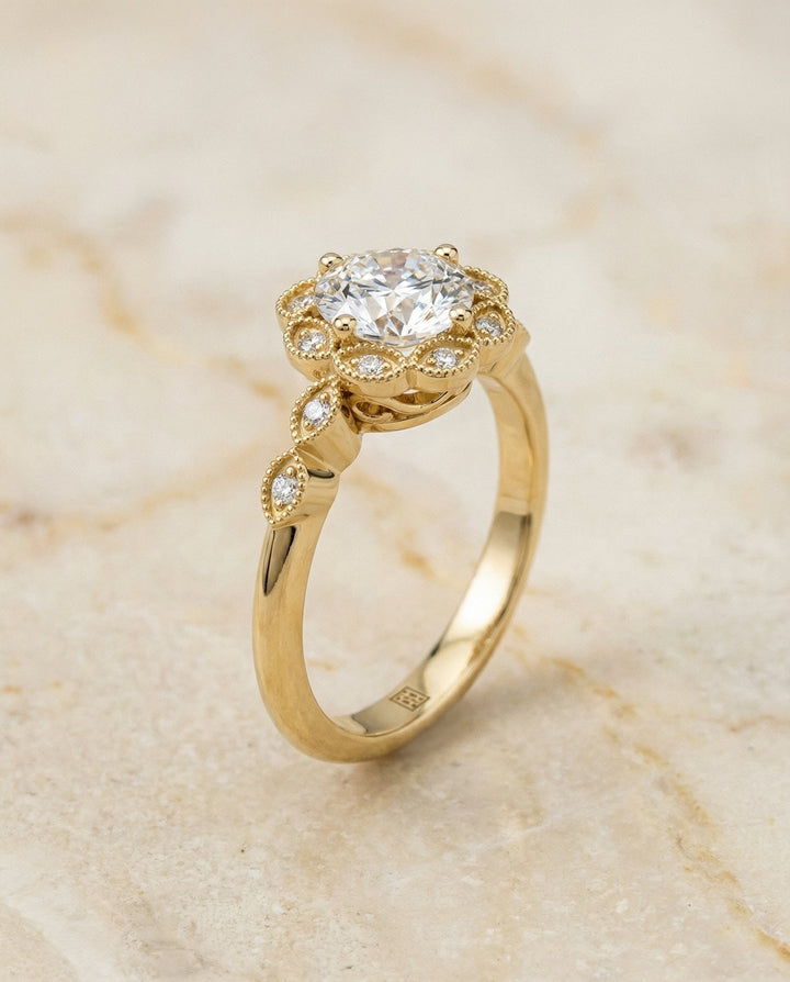 Round Brilliant, Beaded Floral Halo Leaf Shoulders, in 18K Yellow Gold, pave setting – front view | RockHer