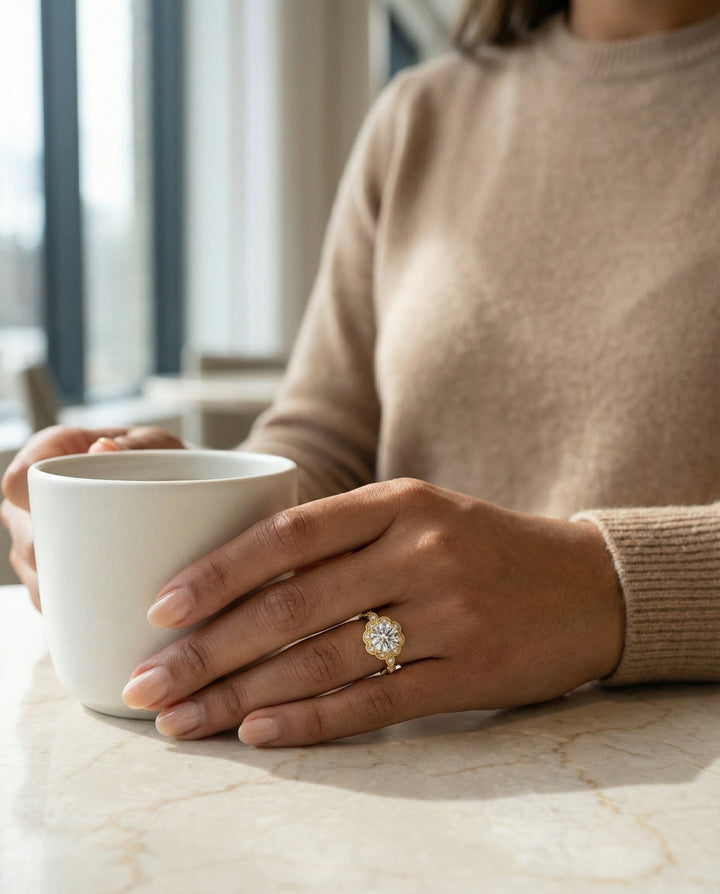 Round Brilliant, Beaded Floral Halo Leaf Shoulders, in 18K Yellow Gold, pave setting – lifestyle shot | RockHer