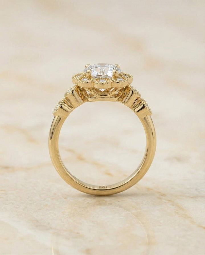 Round Brilliant, Beaded Floral Halo Leaf Shoulders, in 18K Yellow Gold, pave setting – side profile | RockHer