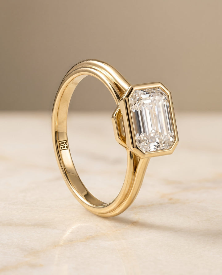 European Cut, Bezel Cathedral Solitaire Emerald, in 18K Yellow Gold – front view | RockHer