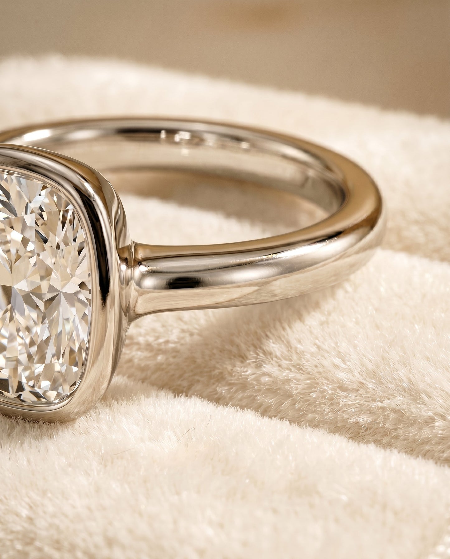 แหวนหมั้น Agnes Bezel Solitaire สำหรับเพชรทรง Cushion (ทรงสี่เหลี่ยมขอบมน) ทองคำขาว 18K