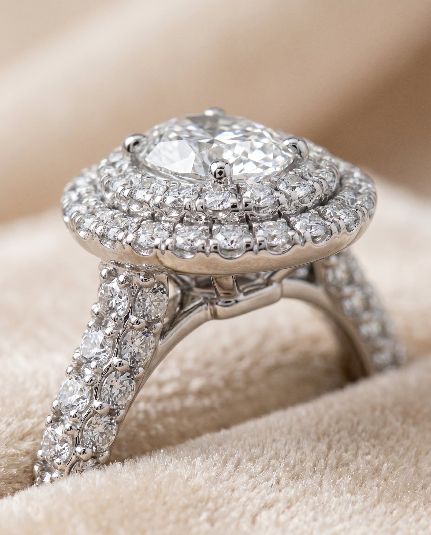 Bold Double Halo Oval, in Platinum, pave setting – detail view | RockHer
