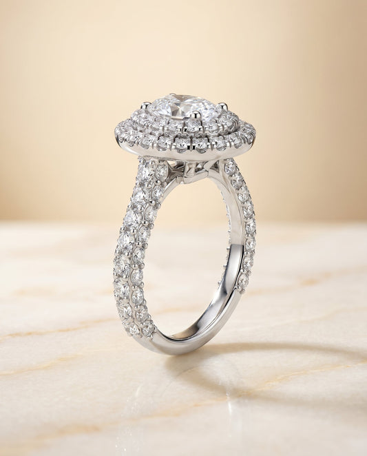 Bold Double Halo Oval, in Platinum, pave setting – front view | RockHer