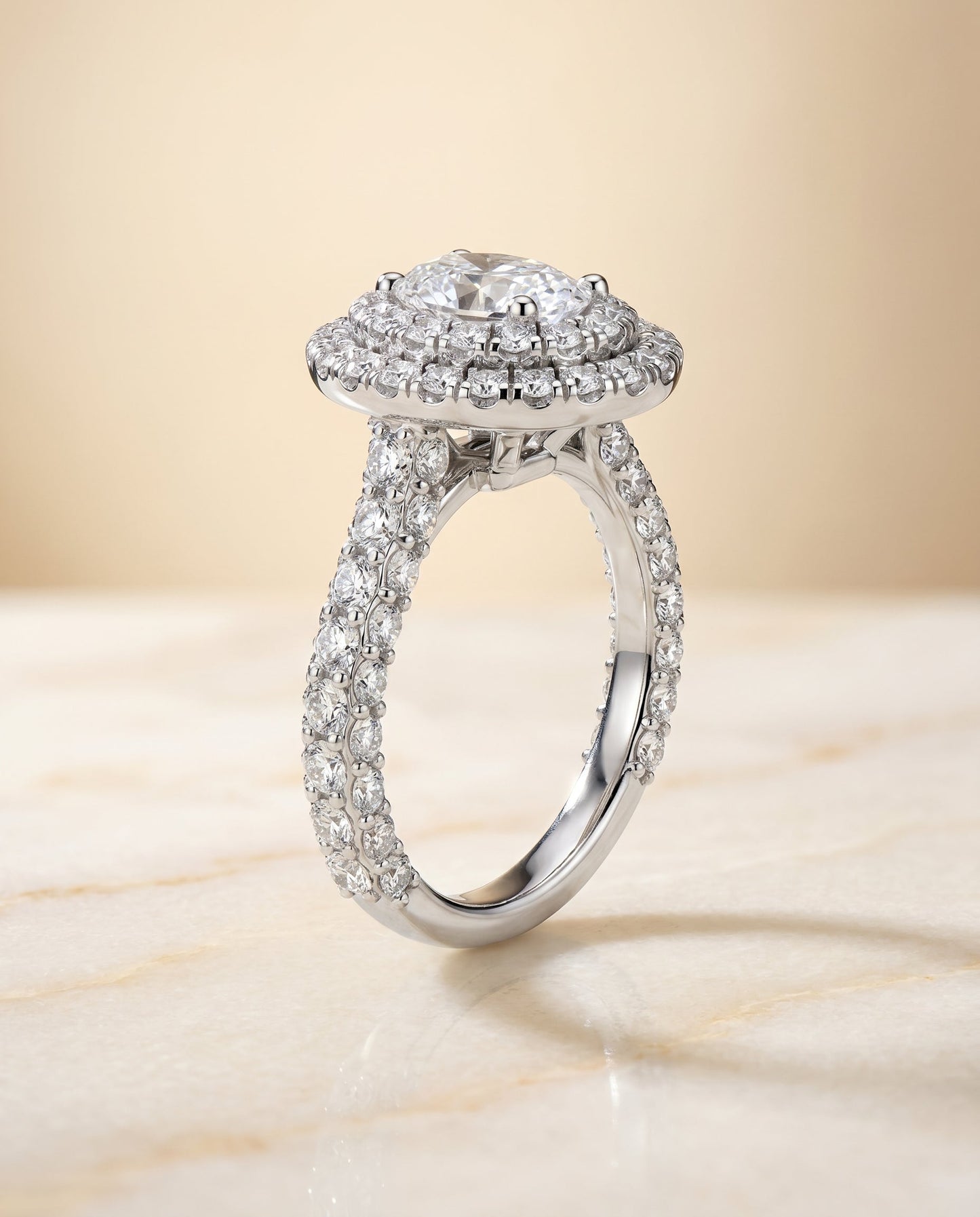 Dinah bold double halo engagement ring in 18K white gold with oval lab diamond — RockHer