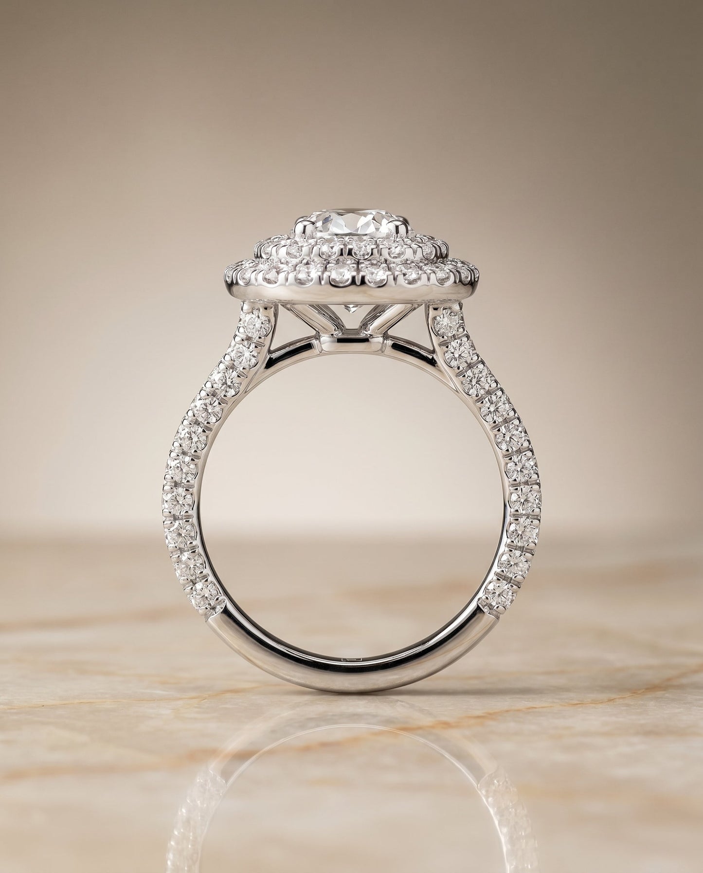 Dinah bold double halo engagement ring in platinum with oval lab diamond — RockHer