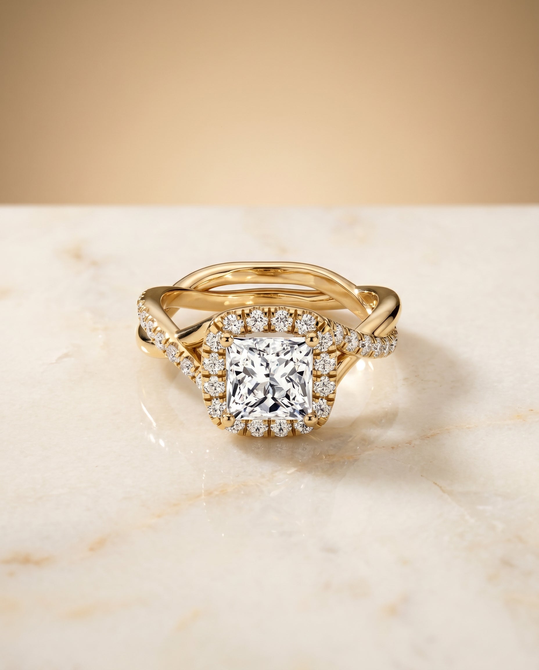 Bold Twist Pavé Halo Princess, in 18K Yellow Gold, pave setting – angled view | RockHer