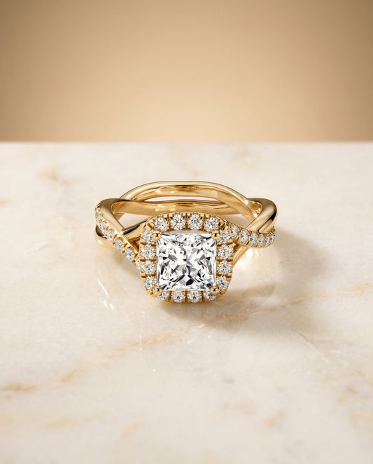 Bold Twist Pavé Halo Princess, in 18K Yellow Gold, pave setting – angled view | RockHer