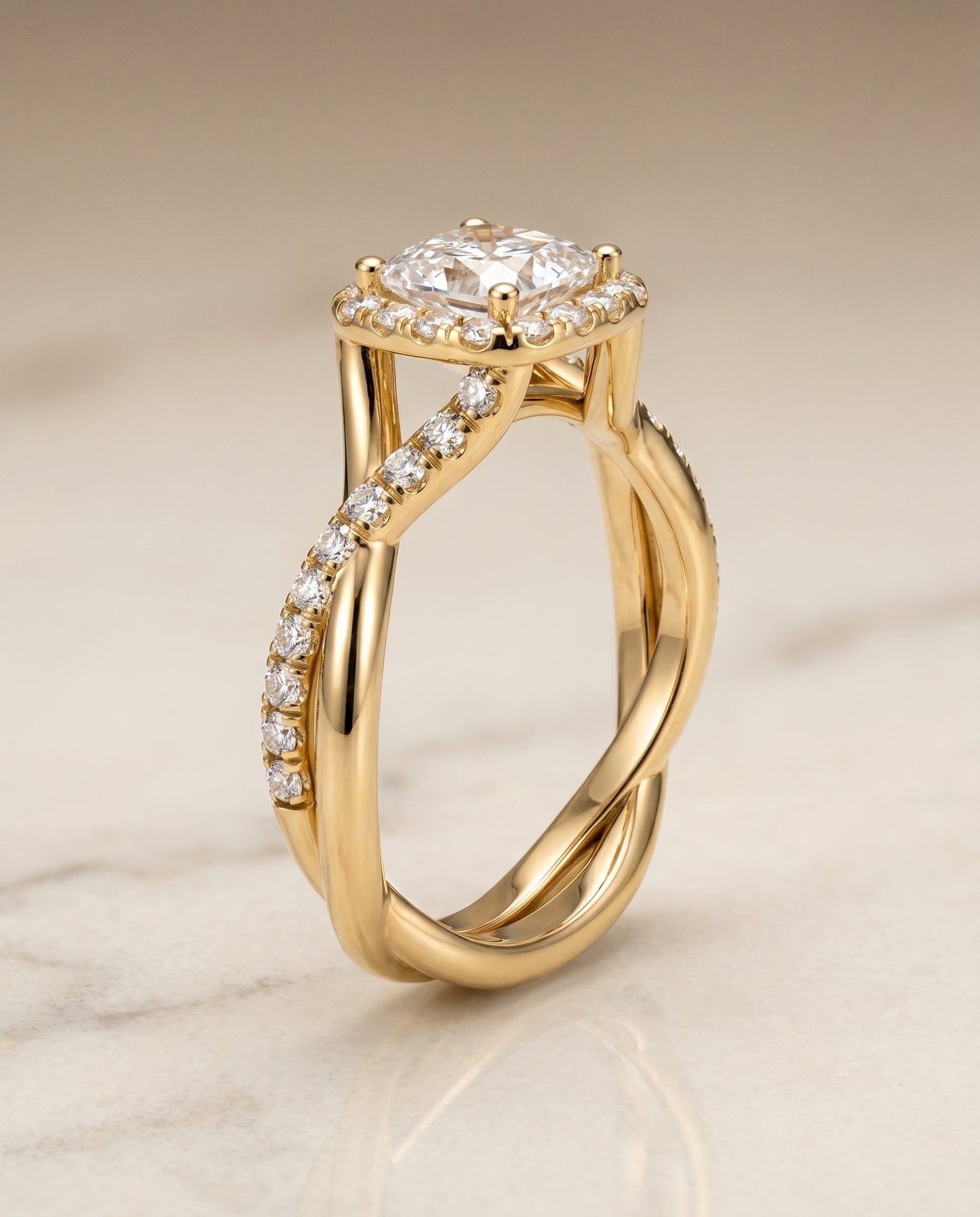 Bold Twist Pavé Halo Princess, in 18K Yellow Gold, pave setting – front view | RockHer