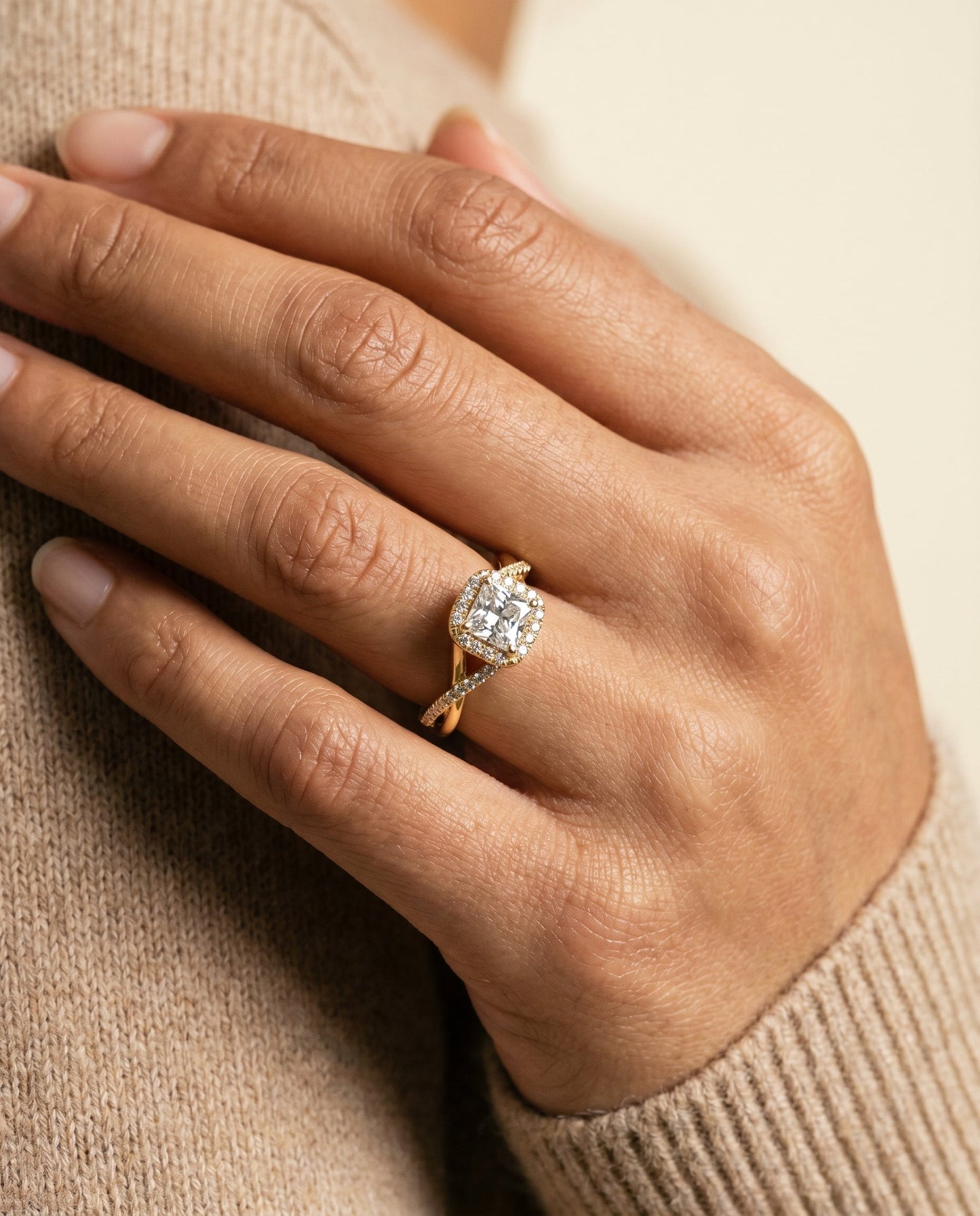 Bold Twist Pavé Halo Princess, in 18K Yellow Gold, pave setting – lifestyle shot | RockHer